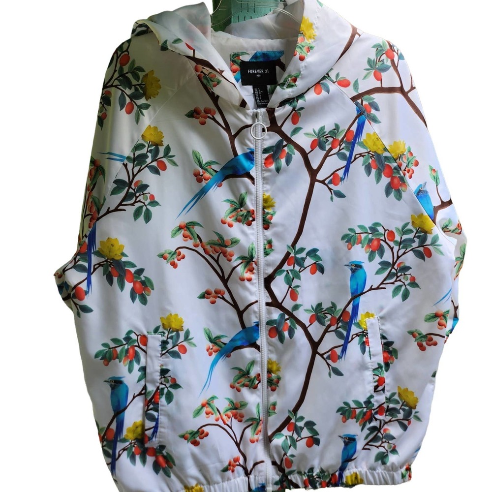 Men's Forever 21 Large White Windbreaker Birds of Paradise